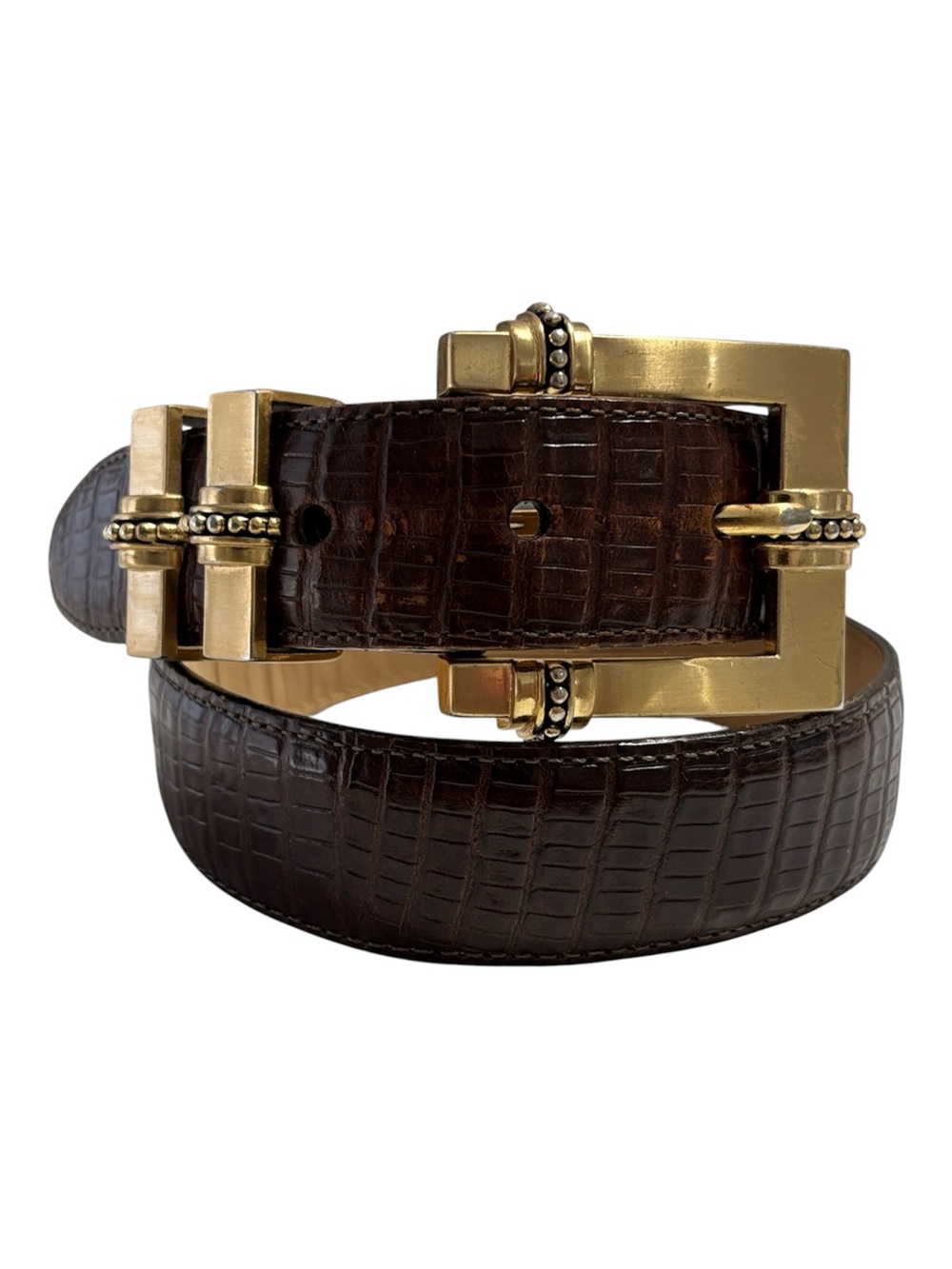 Brighton Brown Croc-Embossed women’s Size Small Leather Belt. Gold buckle.